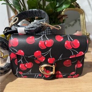 Black Cherry Print Crossbody Bag with Gold Hardware
